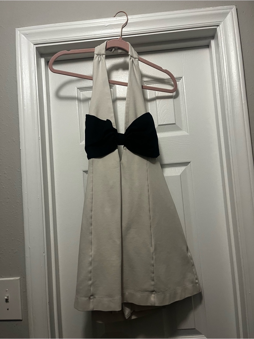 Maeve Cream Halter Dress with Black Bow- Women’s
